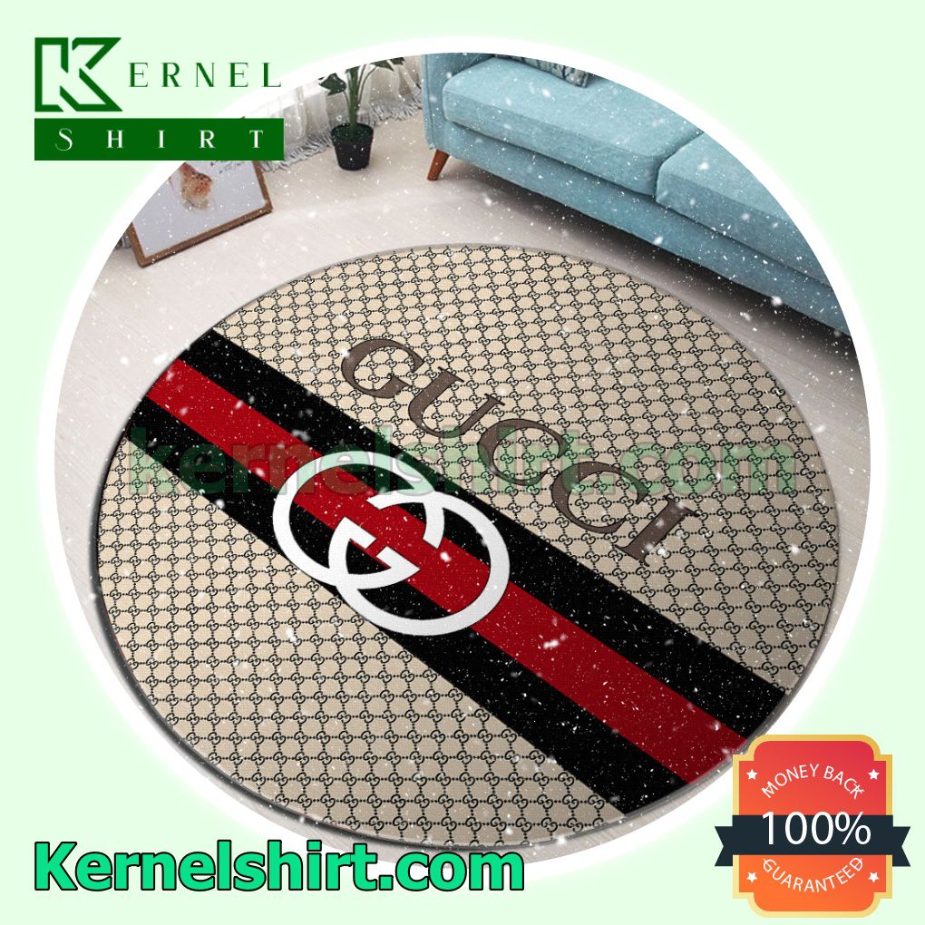Gucci Beige Monogram With Logo On Black And Red Stripes Round Living Room Rug