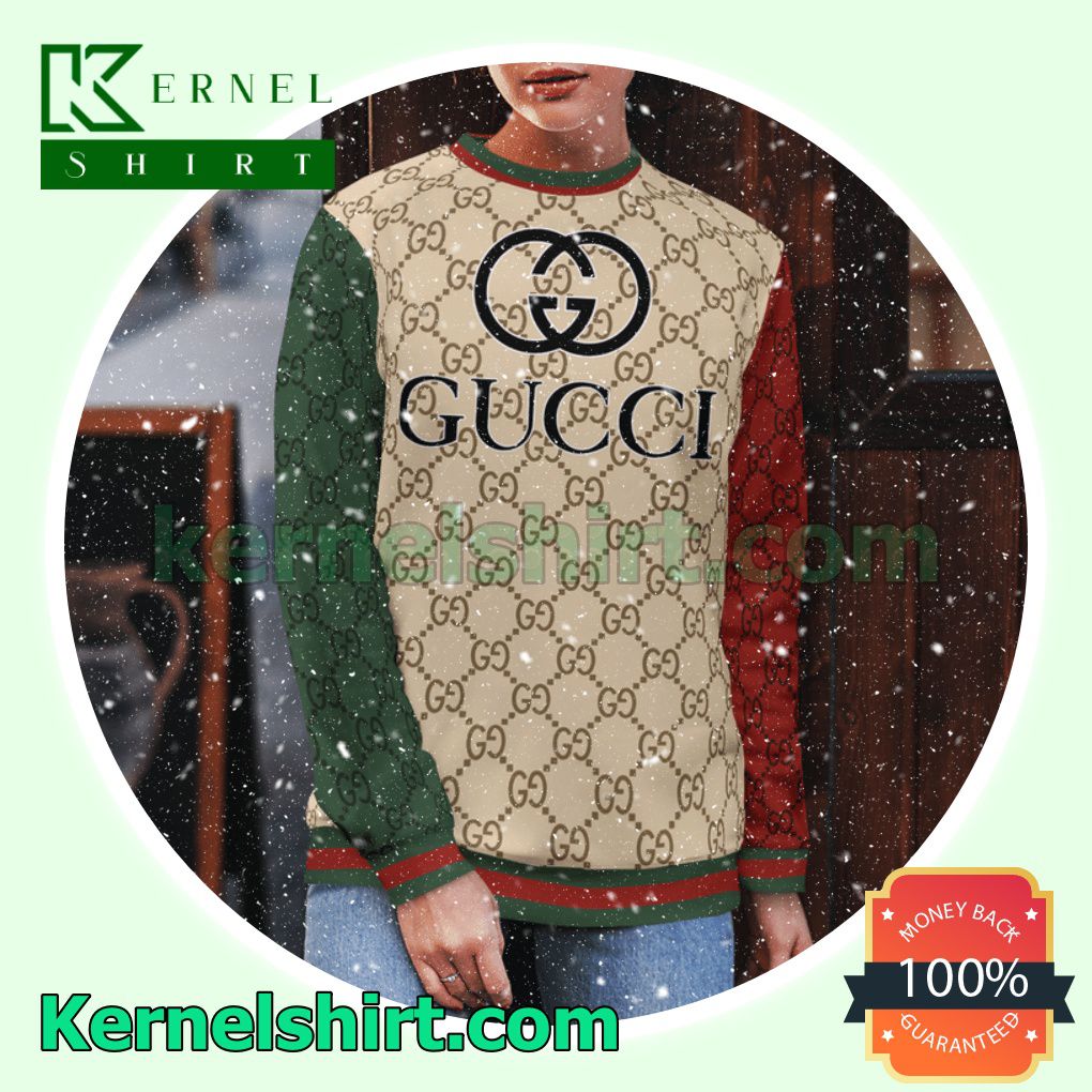 Gucci Beige Monogram With Red And Green Sleeves Knitted Ugly Sweater Christmas b