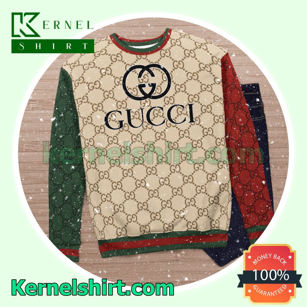 Gucci Beige Monogram With Red And Green Sleeves Knitted Ugly Sweater Christmas c