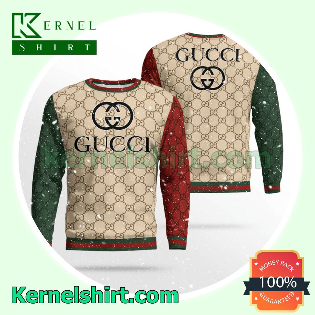 Gucci Beige Monogram With Red And Green Sleeves Knitted Ugly Sweater Christmas