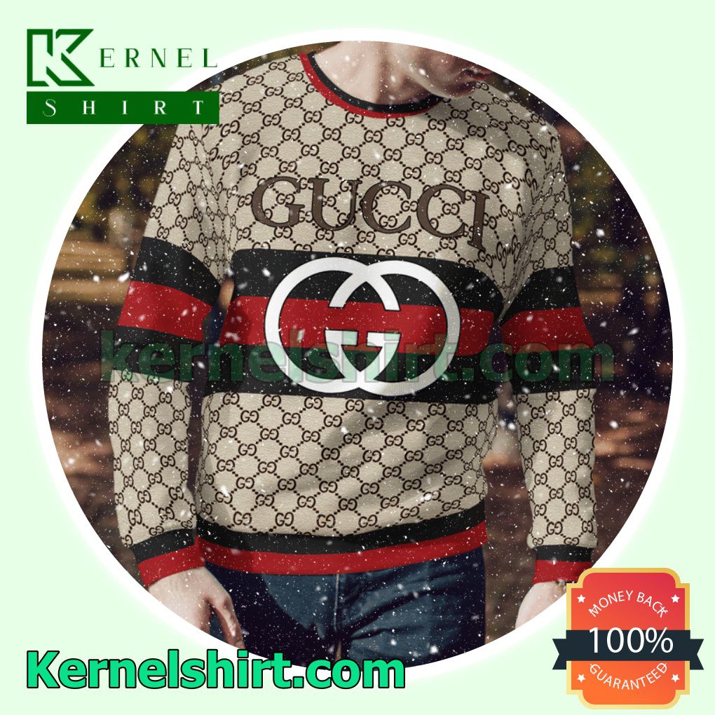 Gucci Big Logo On Black And Red Stripes Knitted Ugly Sweater Christmas a