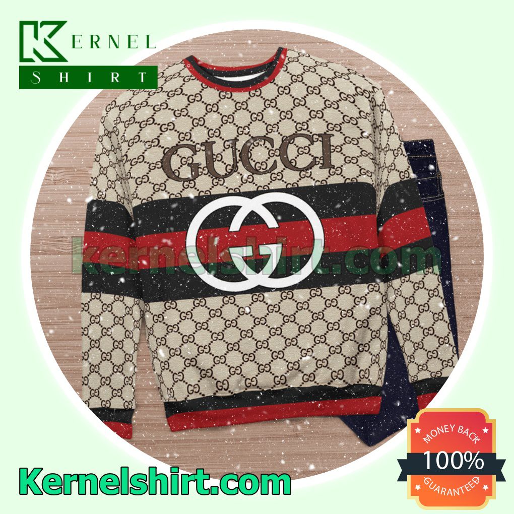 Gucci Big Logo On Black And Red Stripes Knitted Ugly Sweater Christmas c