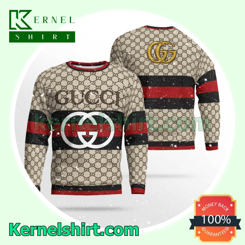 Gucci Big Logo On Black And Red Stripes Knitted Ugly Sweater Christmas