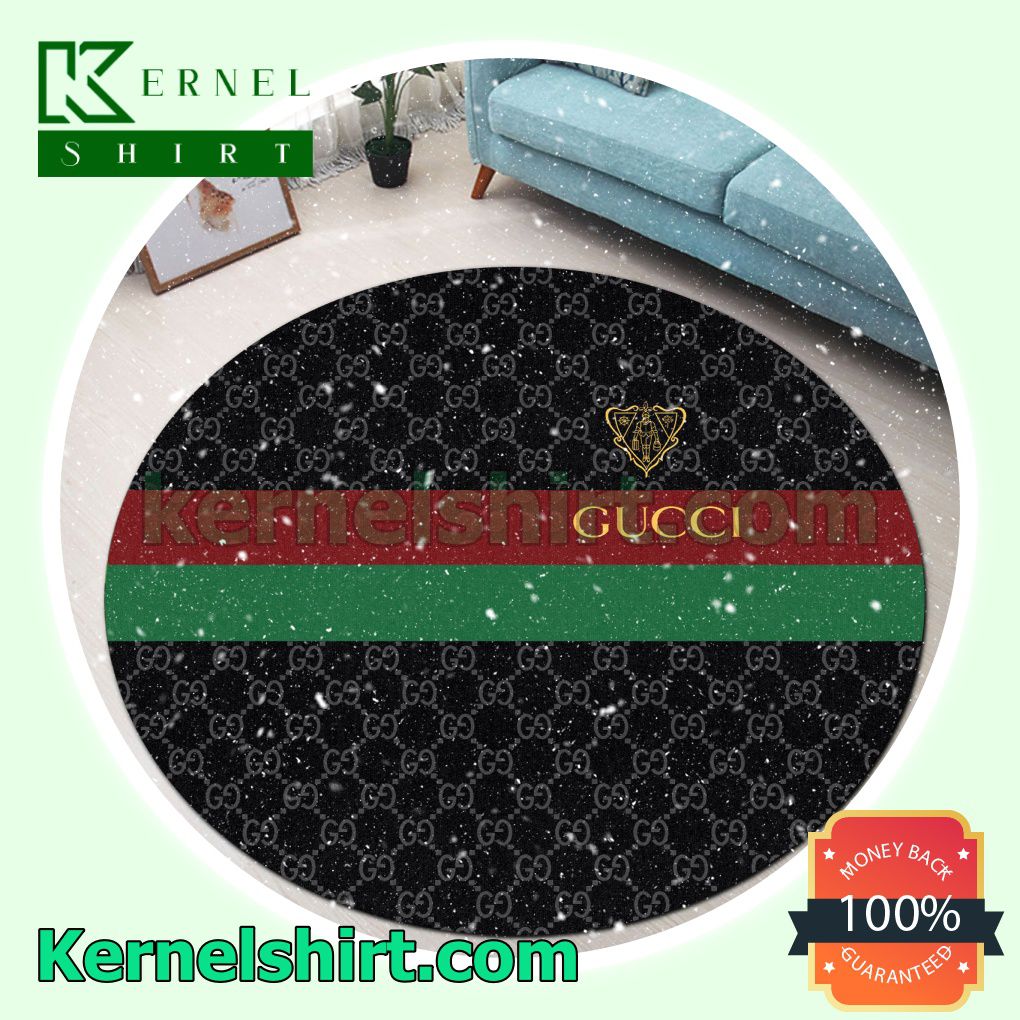 Gucci Black Monogram With Museo Logo Red And Green Stripes Round Living Room Rug