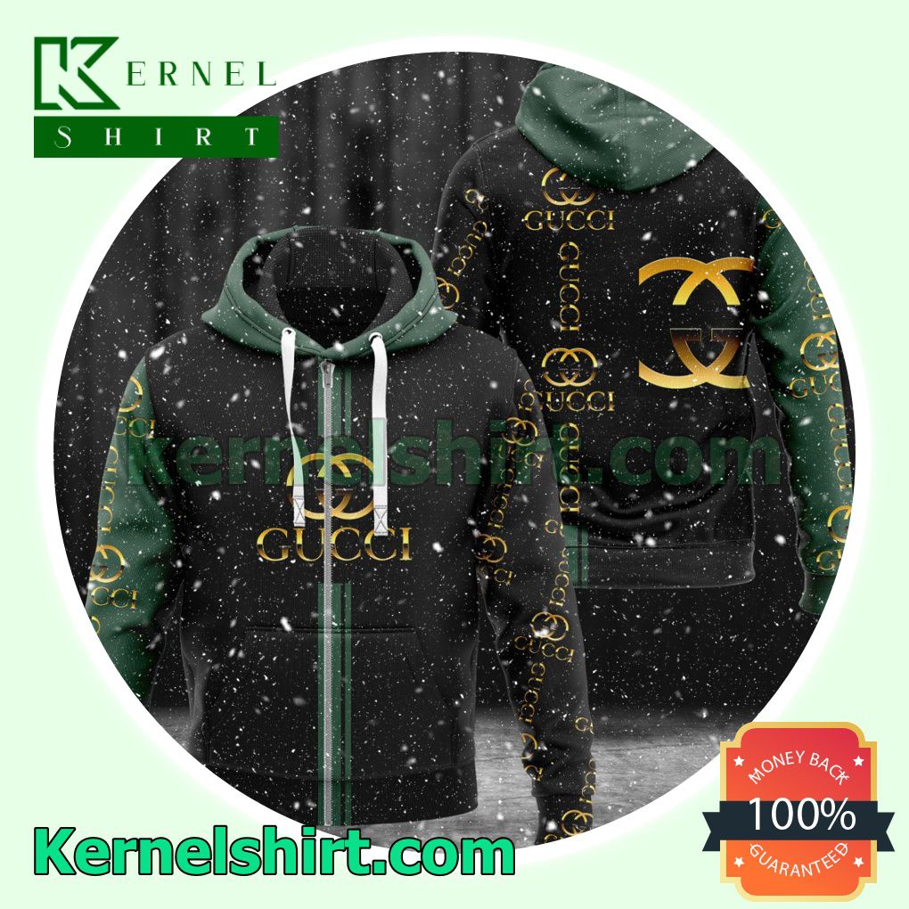 Gucci Brand Name And Logo Print Black And Green Heavyweight Pullover Hoodie Sweatshirt