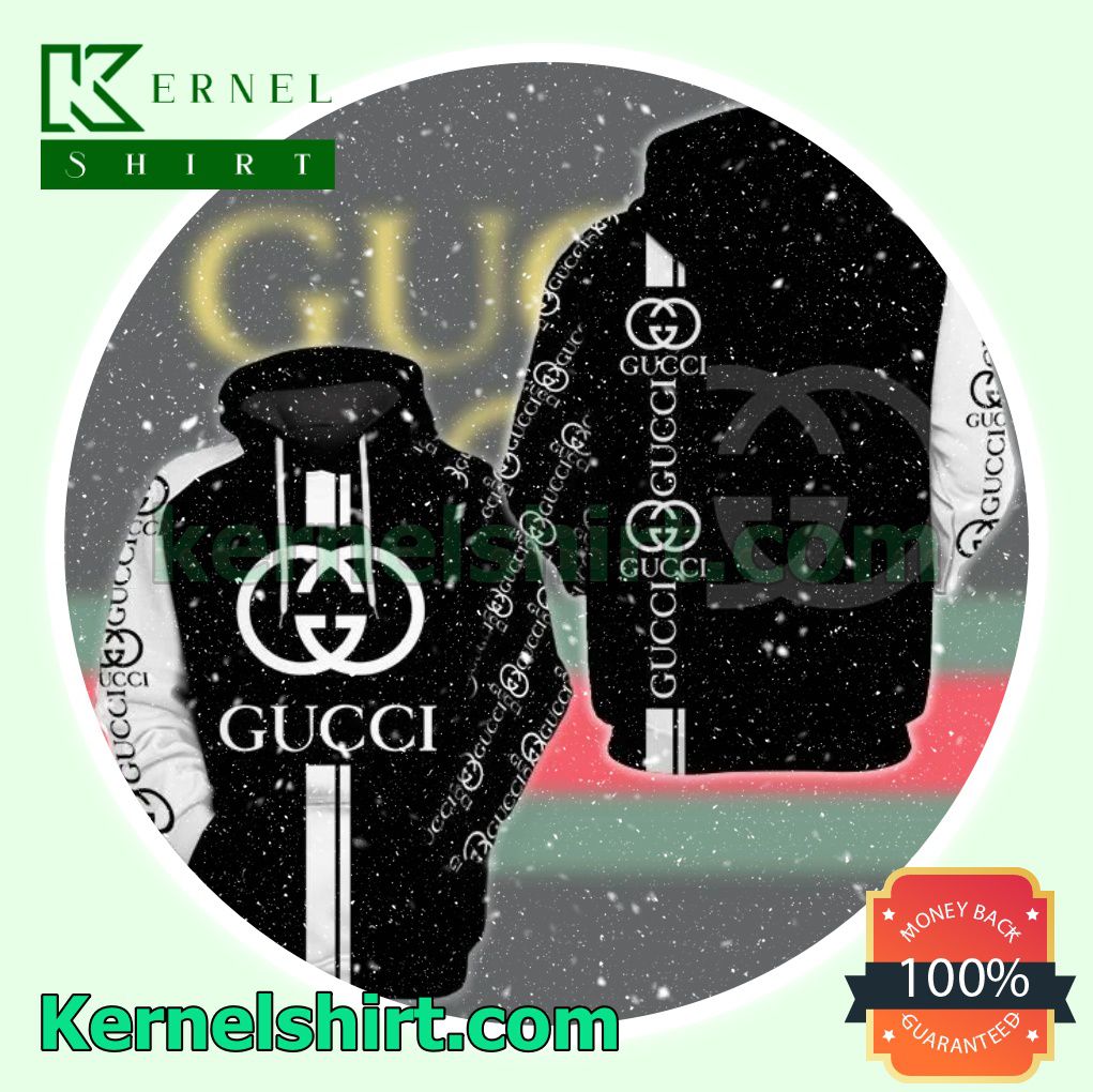 Gucci Brand Name And Logo Print Black And White Mens Hoodie