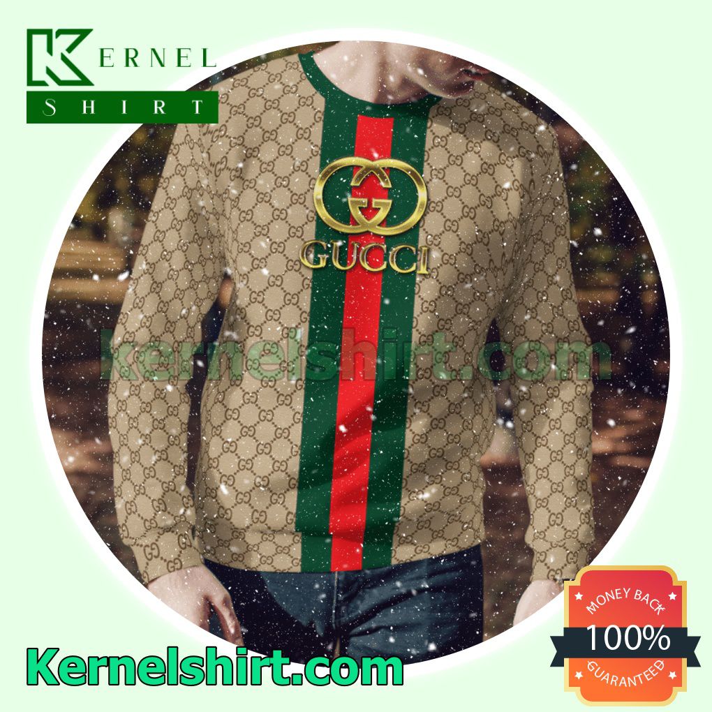 Gucci Gold Logo On Green And Red Vertical Stripes Knitted Ugly Sweater Christmas a