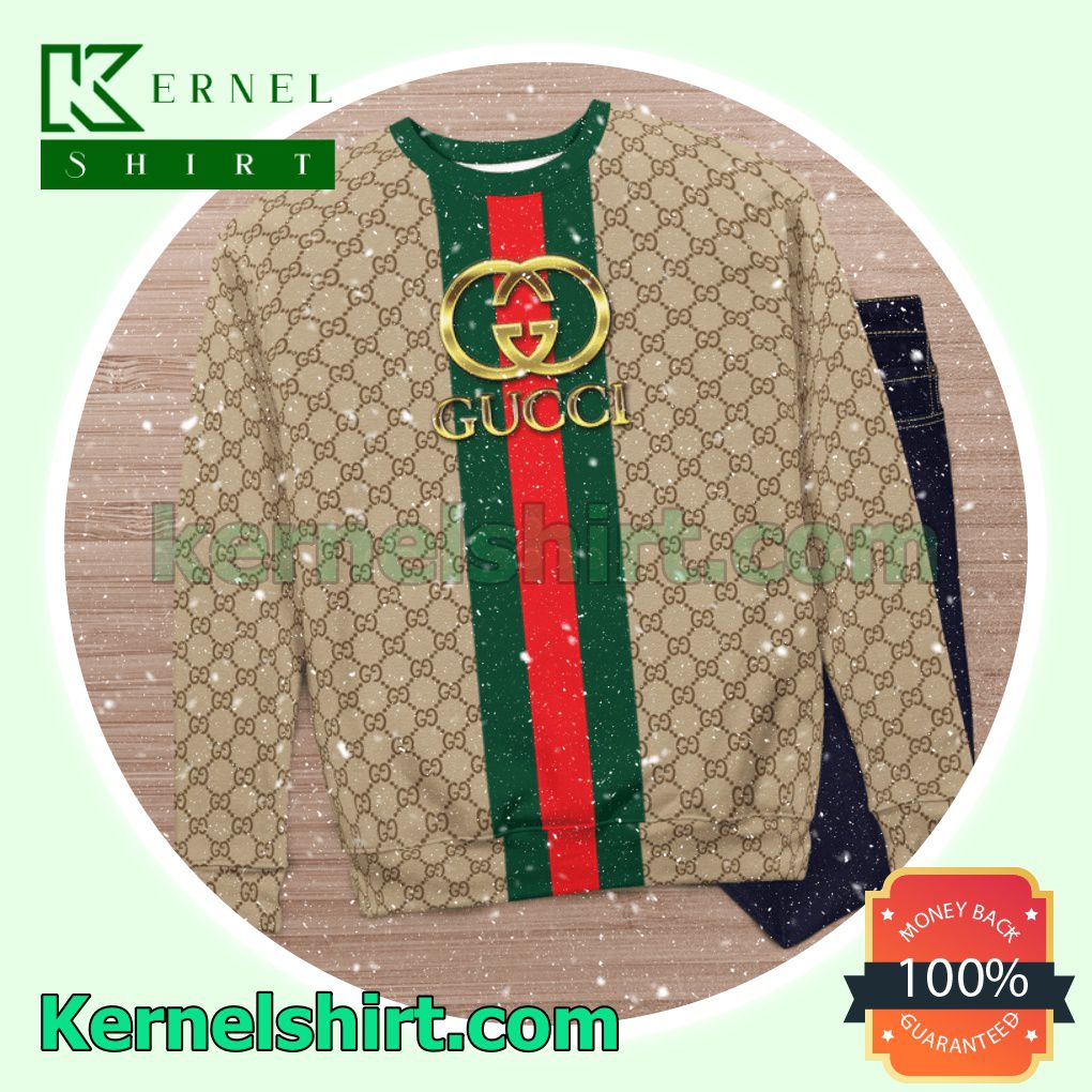 Gucci Gold Logo On Green And Red Vertical Stripes Knitted Ugly Sweater Christmas c