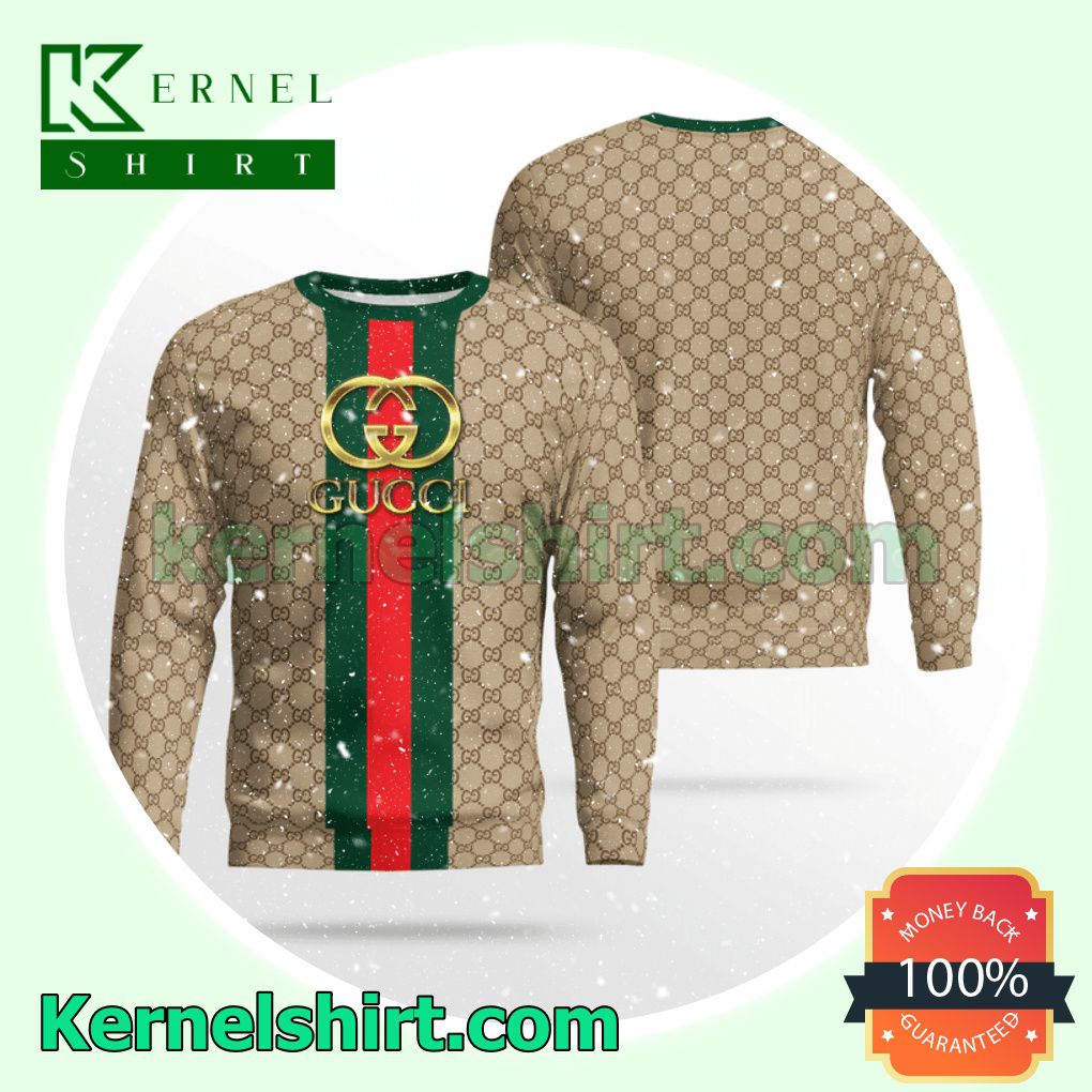 Gucci Gold Logo On Green And Red Vertical Stripes Knitted Ugly Sweater Christmas