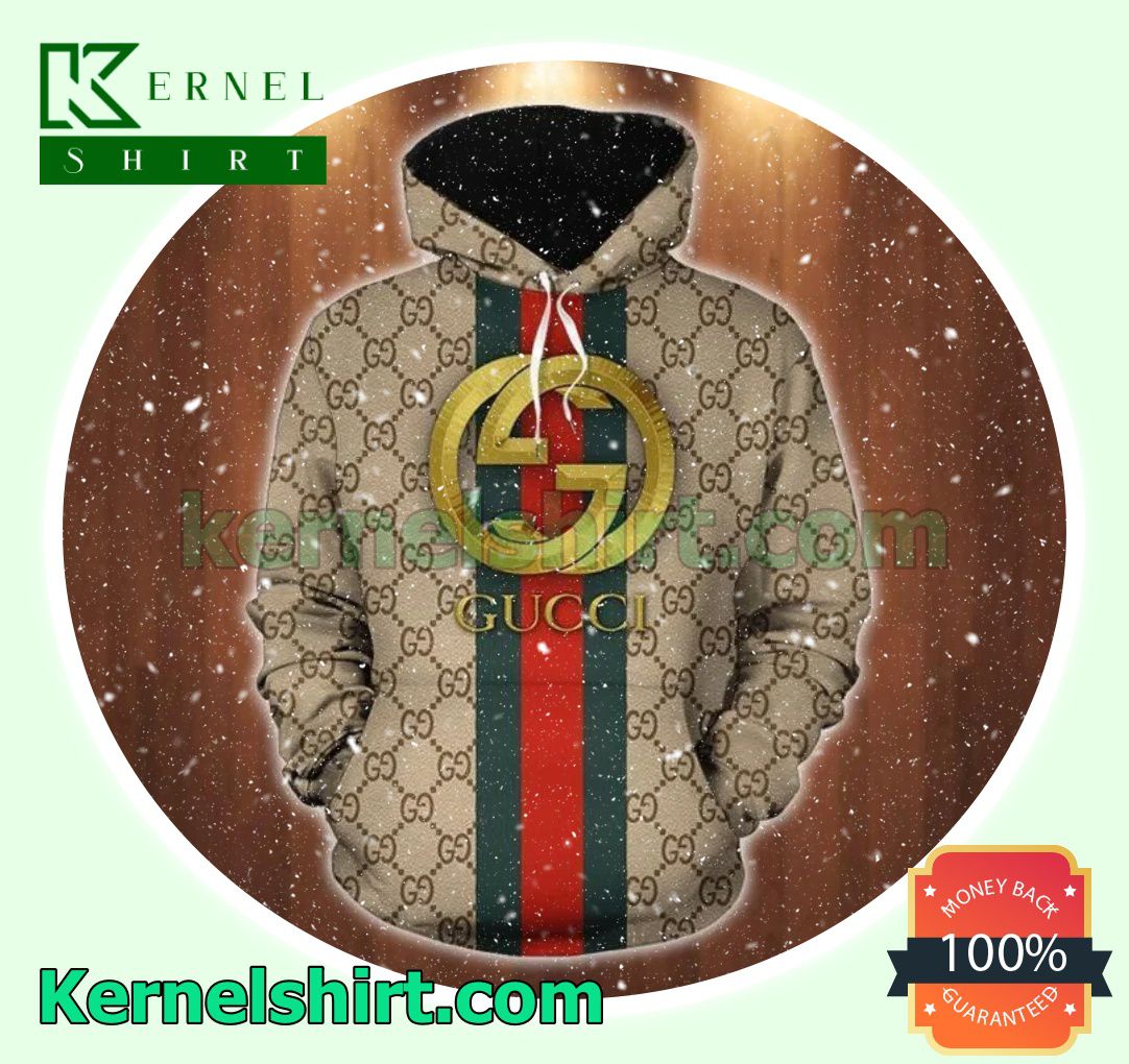 Gucci Gold Logo On Green And Red Vertical Stripes Mens Hoodie
