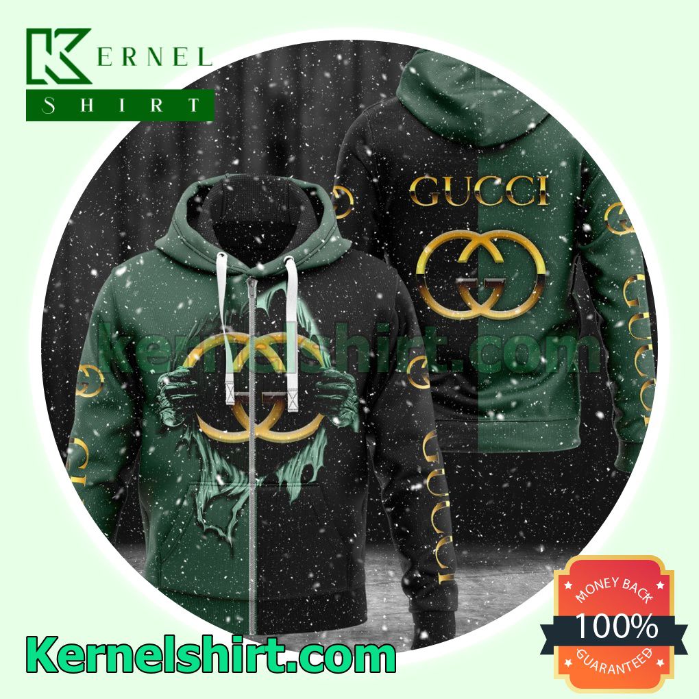 Gucci Hands Ripping Half Black Half Green Heavyweight Pullover Hoodie Sweatshirt