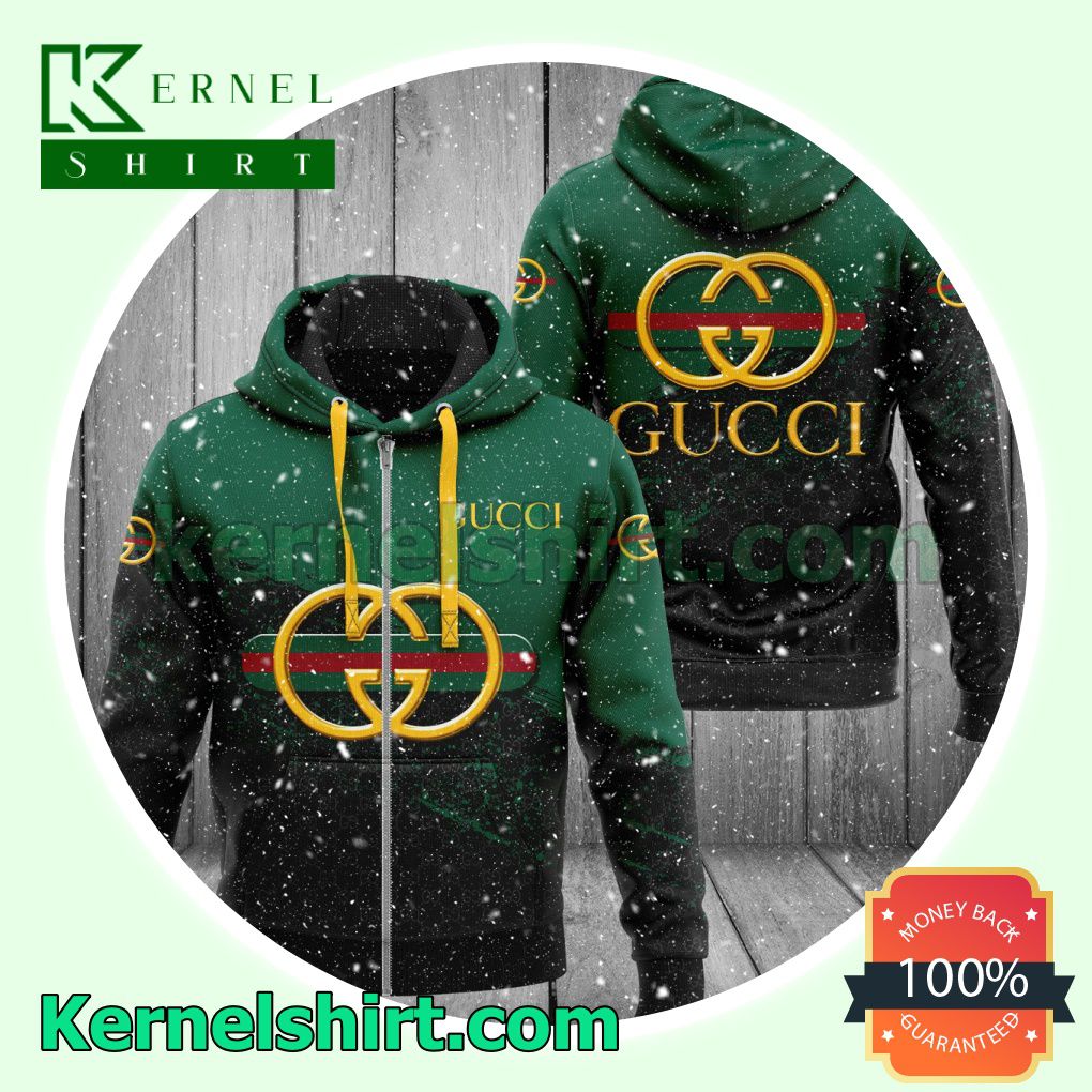 Gucci Logo Center Half Black Monogram Half Green Heavyweight Pullover Hoodie Sweatshirt