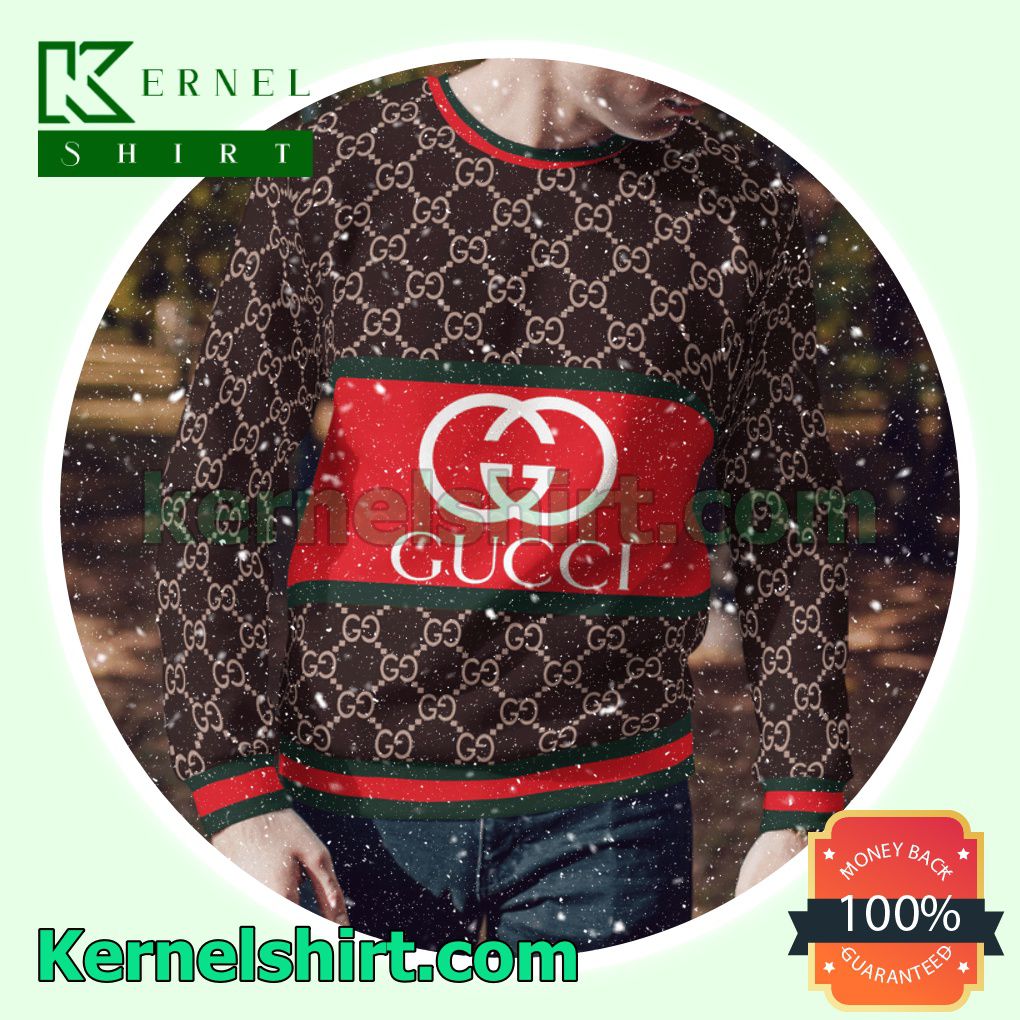 Gucci Logo On Red Dark Brown Monogram Knitted Ugly Sweater Christmas a