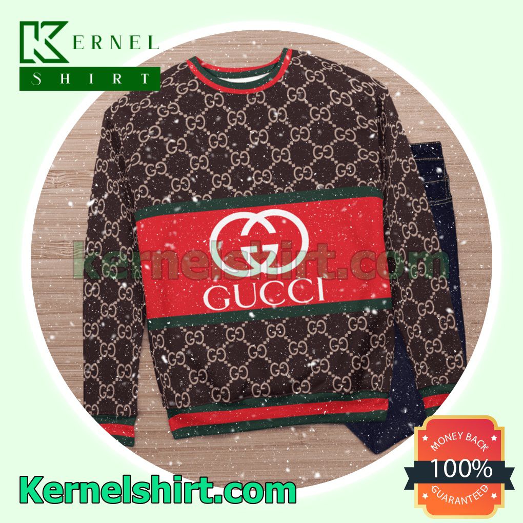 Gucci Logo On Red Dark Brown Monogram Knitted Ugly Sweater Christmas c