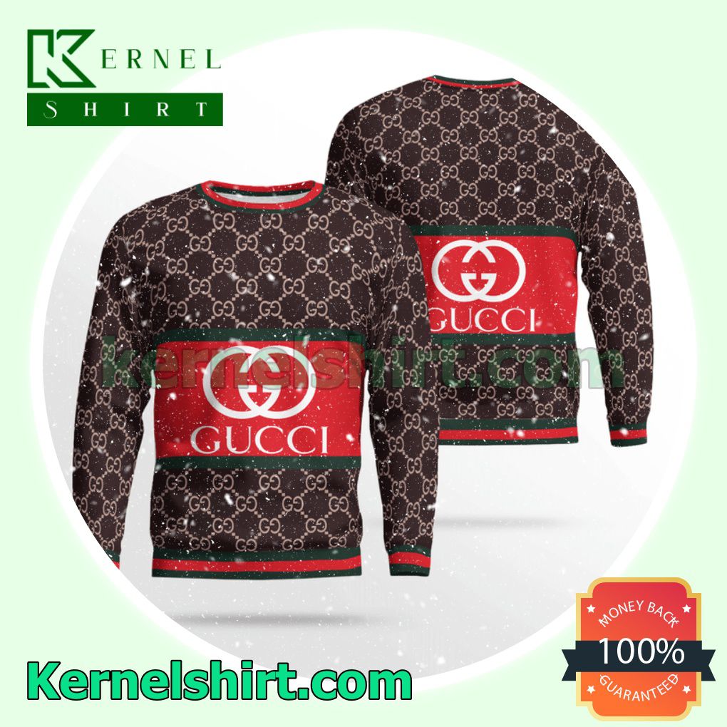 Gucci Logo On Red Dark Brown Monogram Knitted Ugly Sweater Christmas
