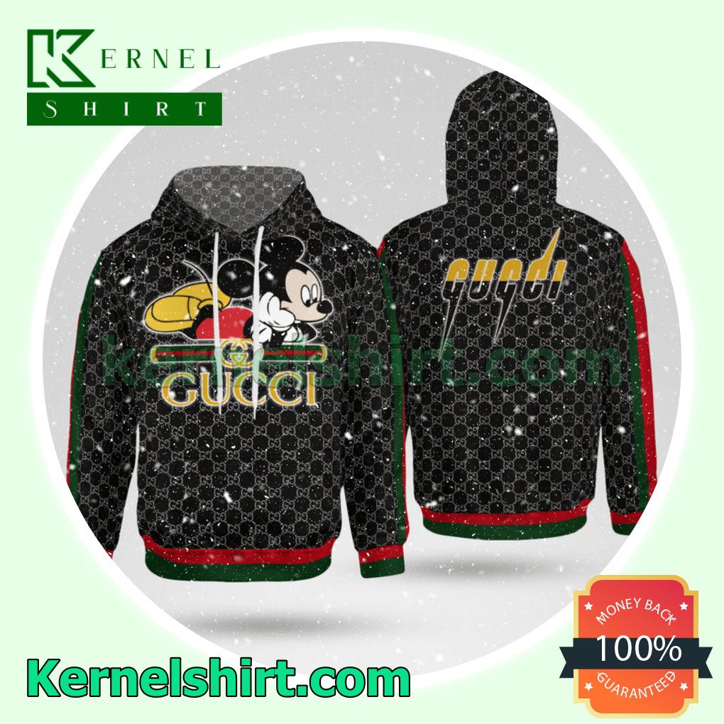Gucci Mickey Mouse Black Monogram With Red And Green Stripes Mens Hoodie