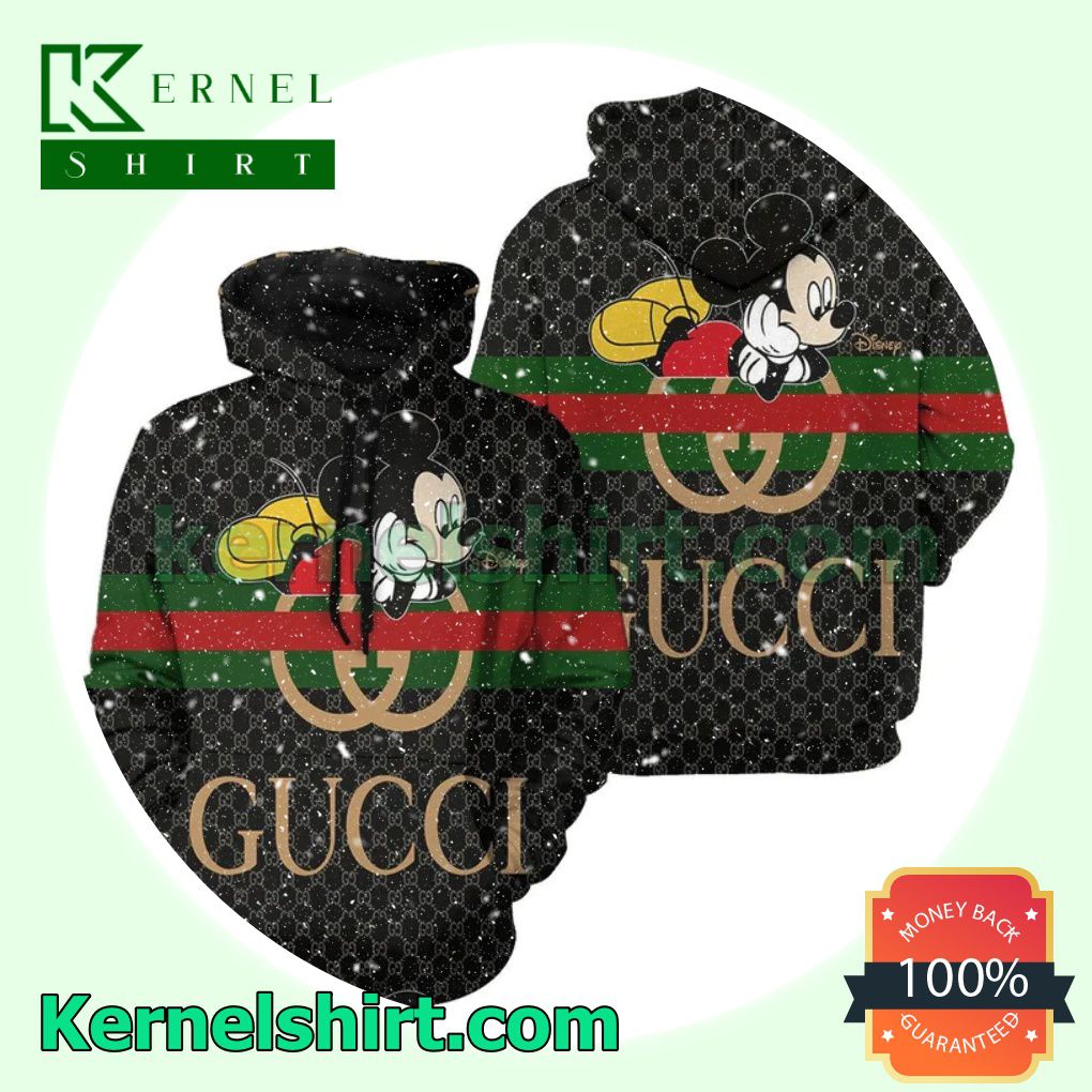 Gucci Mickey Mouse Green And Red Stripes Black Mens Hoodie