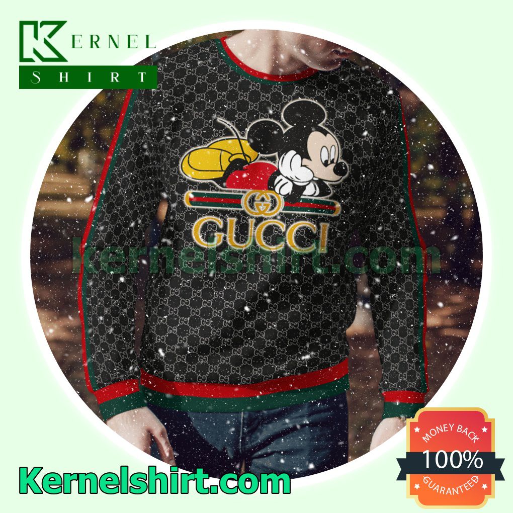 Gucci Mickey Mouse Logo Black Knitted Ugly Sweater Christmas a