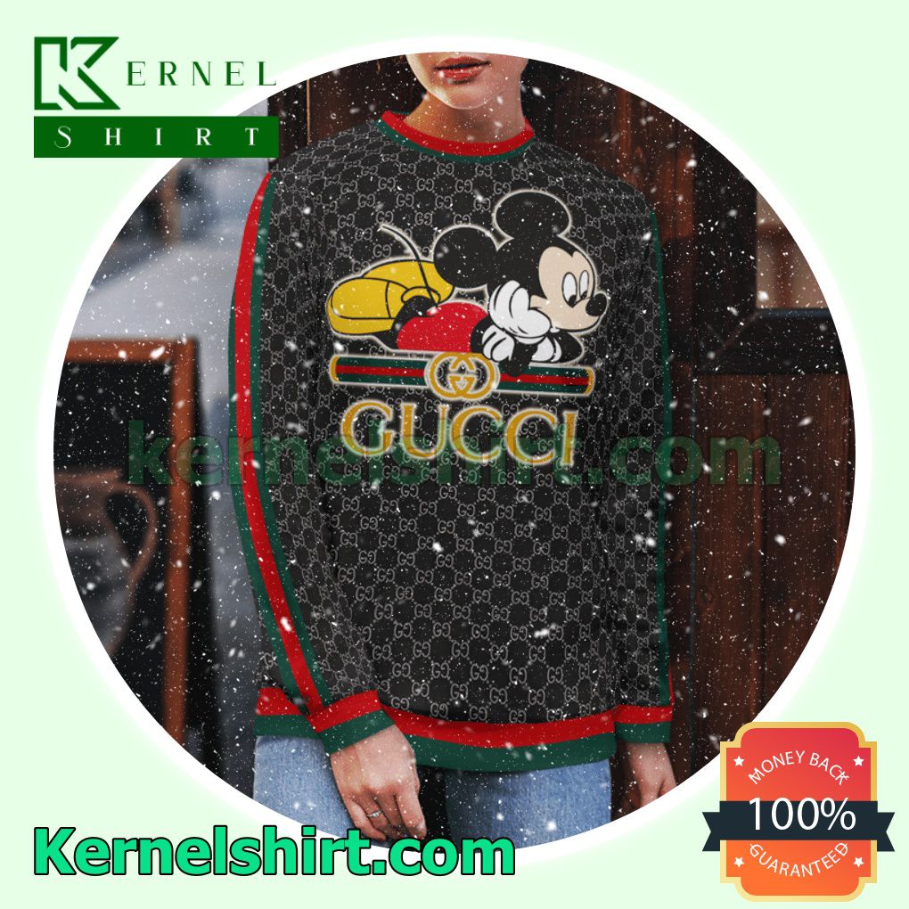 Gucci Mickey Mouse Logo Black Knitted Ugly Sweater Christmas b
