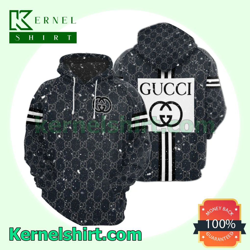 Gucci Navy Monogram Square Logo Black White Stripe On Back Mens Hoodie