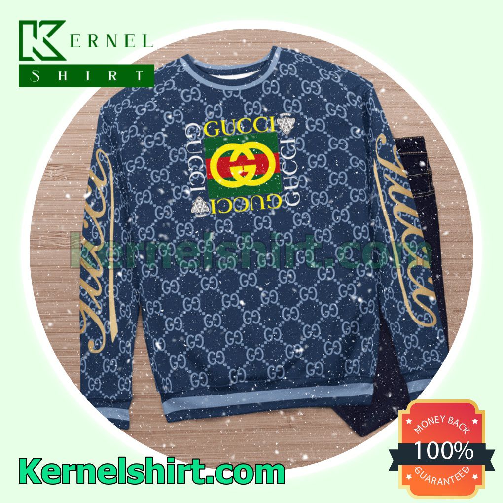 Gucci Square Logo Blue Monogram Knitted Ugly Sweater Christmas c