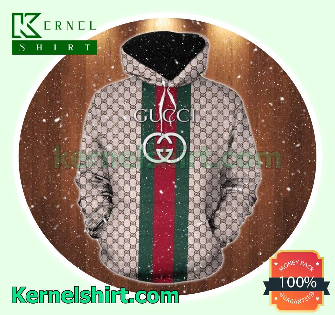 Gucci White Logo On Green And Red Vertical Stripes Mens Hoodie