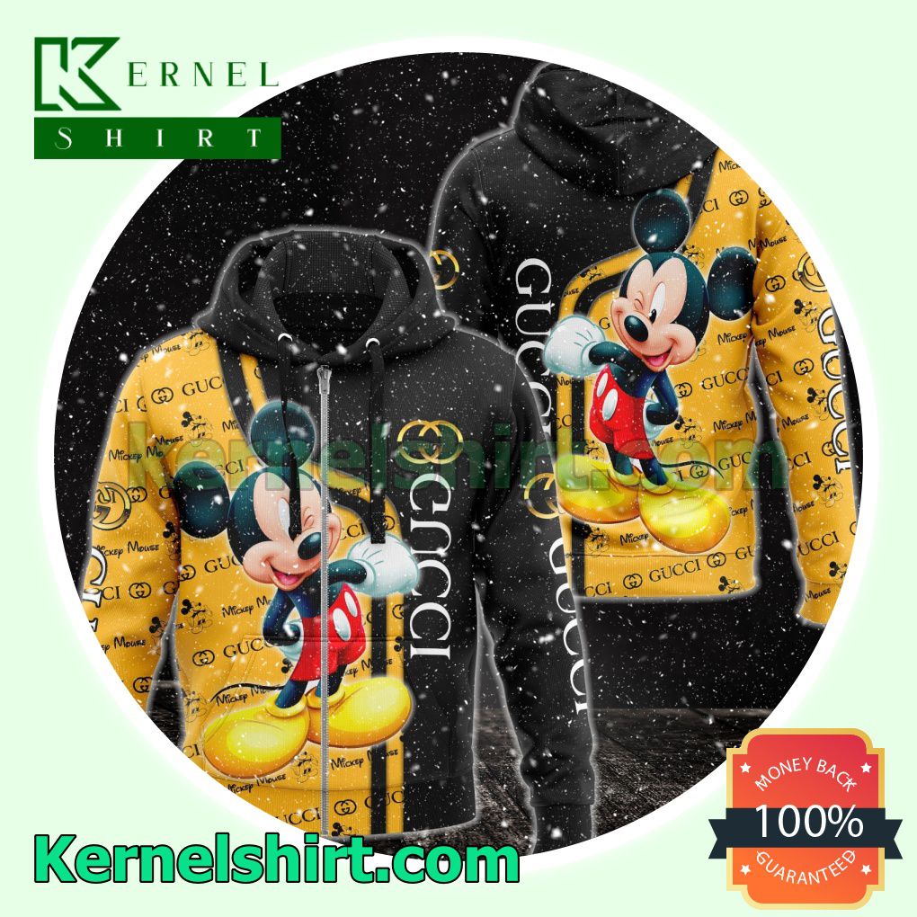 Gucci With Mickey Mouse Black And Yellow Heavyweight Pullover Hoodie Sweatshirt