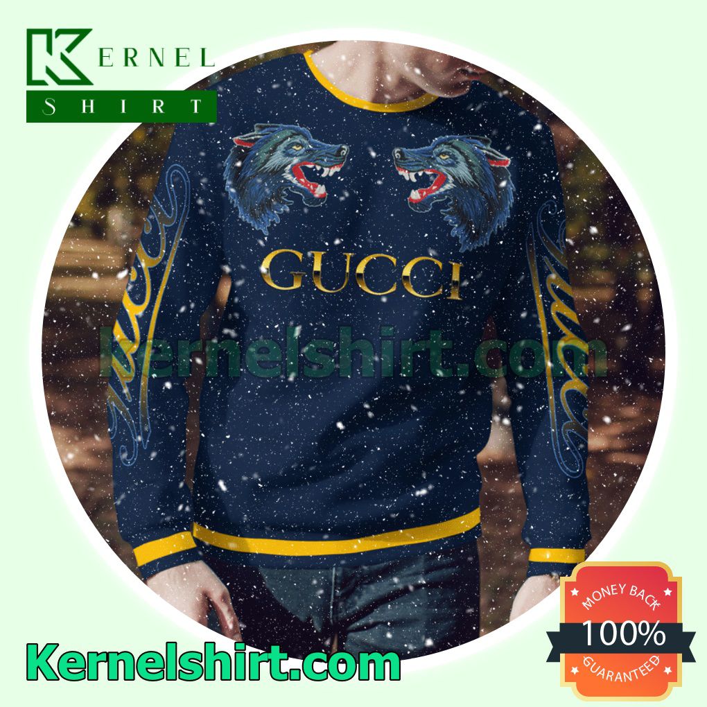 Gucci Wolf Face To Face Navy Knitted Ugly Sweater Christmas a