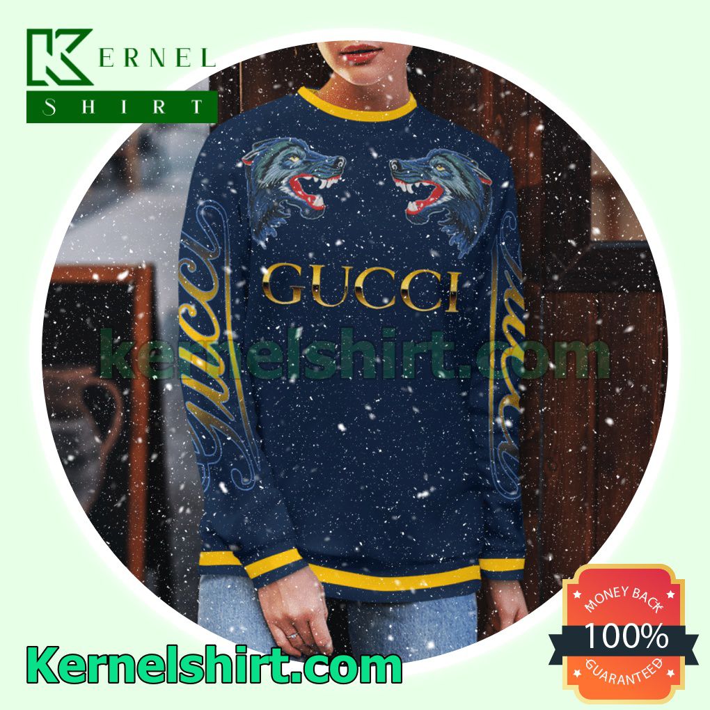 Gucci Wolf Face To Face Navy Knitted Ugly Sweater Christmas b