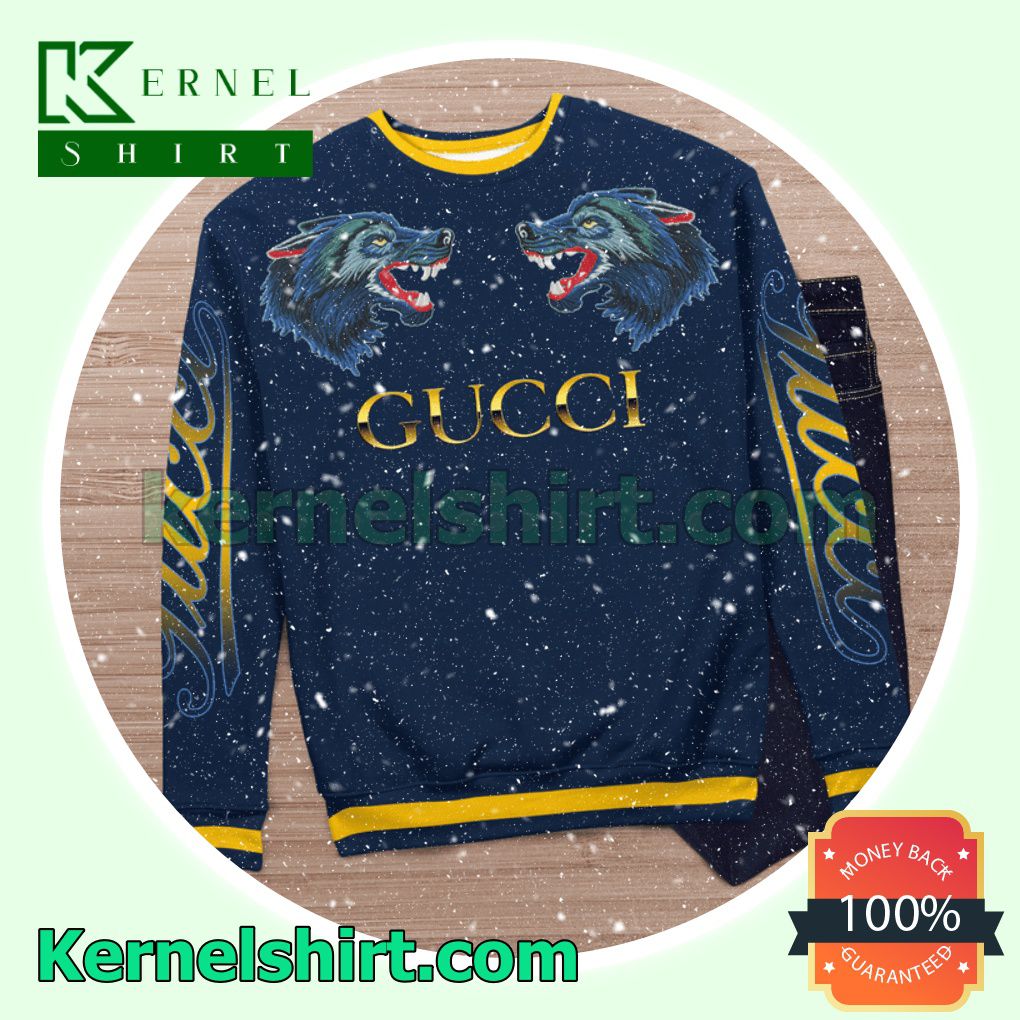 Gucci Wolf Face To Face Navy Knitted Ugly Sweater Christmas c