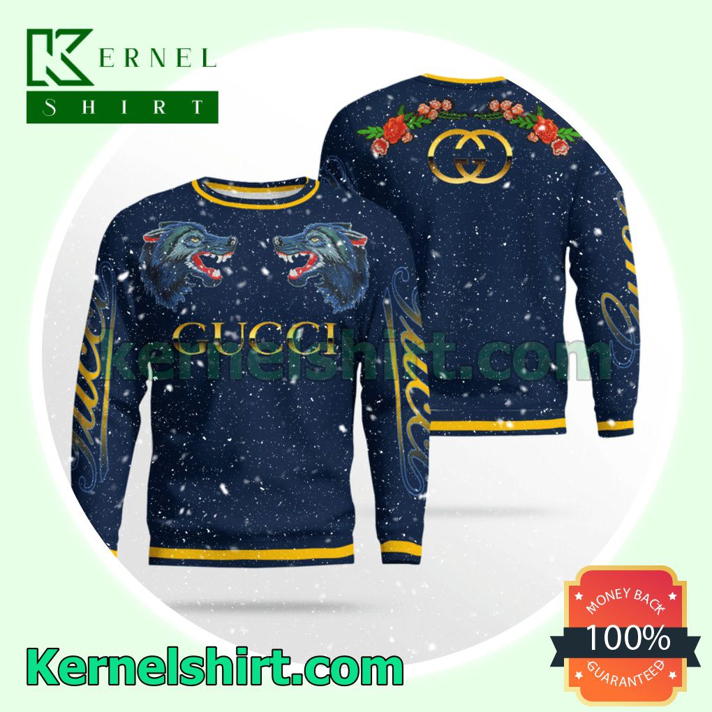Gucci Wolf Face To Face Navy Knitted Ugly Sweater Christmas