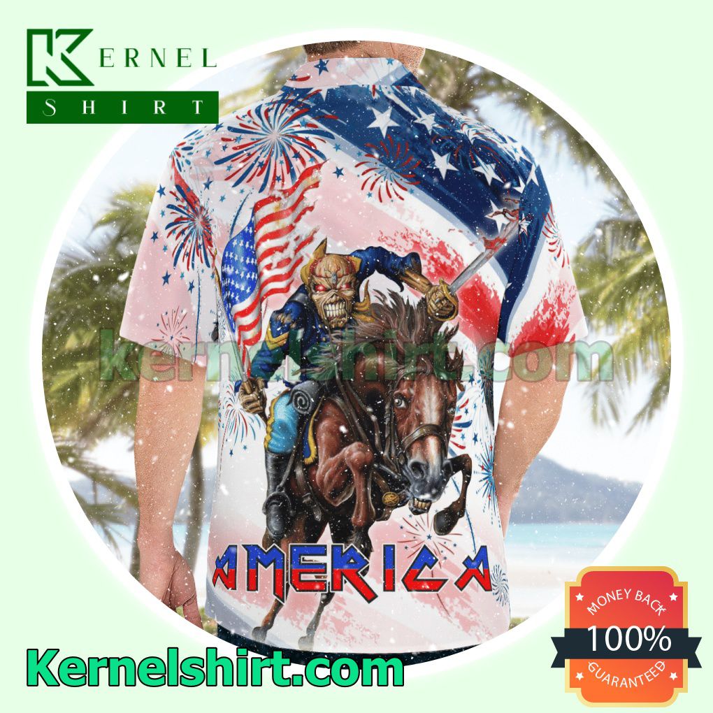 Iron Maiden American Flag Firework Pattern Tropical Beach Shirts a