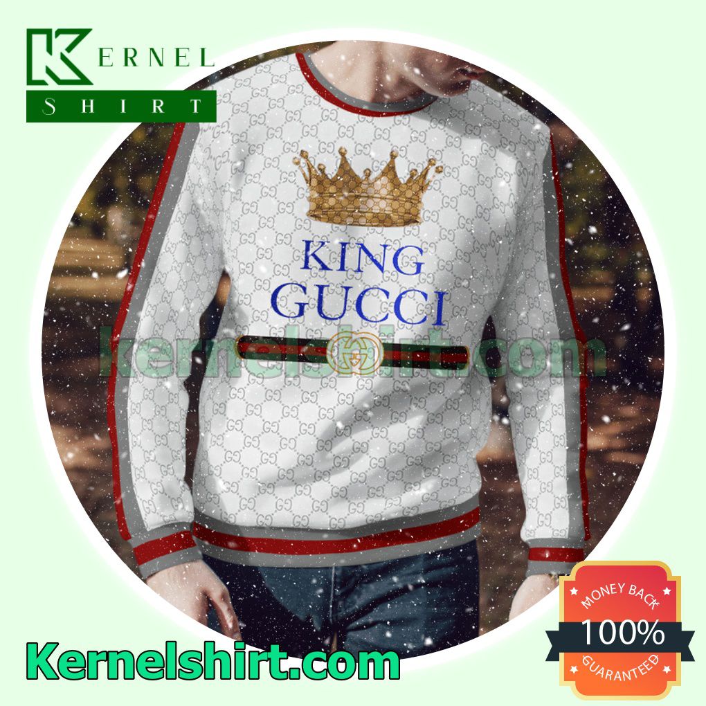 King Gucci Crown White Monogram With Black And Red Stripes Logo Knitted Ugly Sweater Christmas a