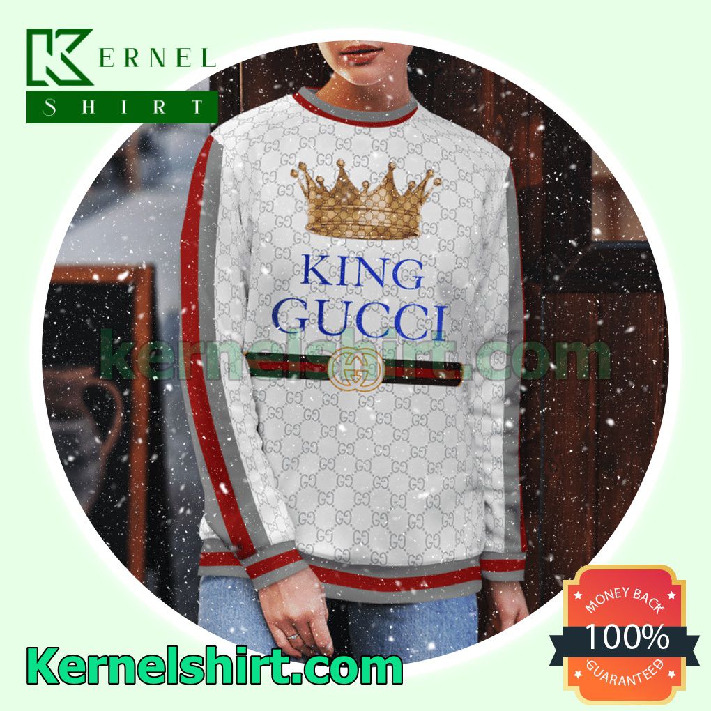 King Gucci Crown White Monogram With Black And Red Stripes Logo Knitted Ugly Sweater Christmas b