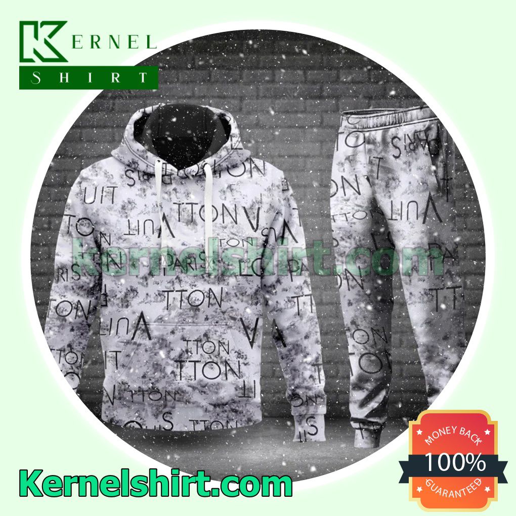 Louis Vuitton Brand Name Messy Print Abstract White Grey Pullover Hoodie, Sweatpant