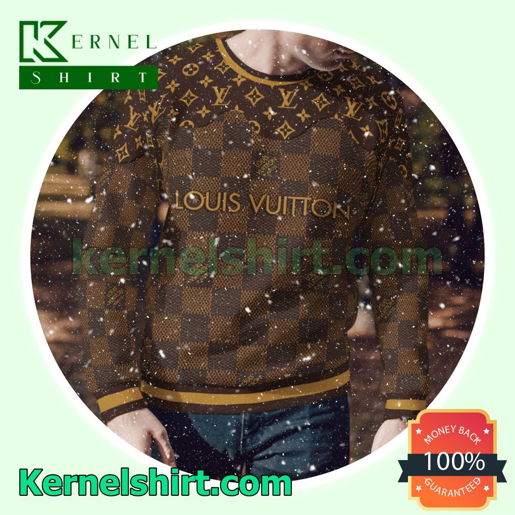 Louis Vuitton Dark Brown Monogram And Checkerboard Knitted Ugly Sweater Christmas a