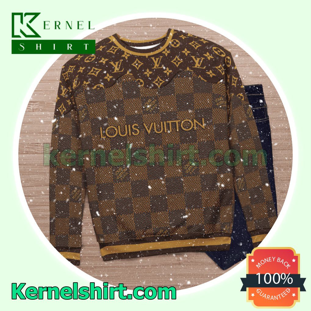 Louis Vuitton Dark Brown Monogram And Checkerboard Knitted Ugly Sweater Christmas c