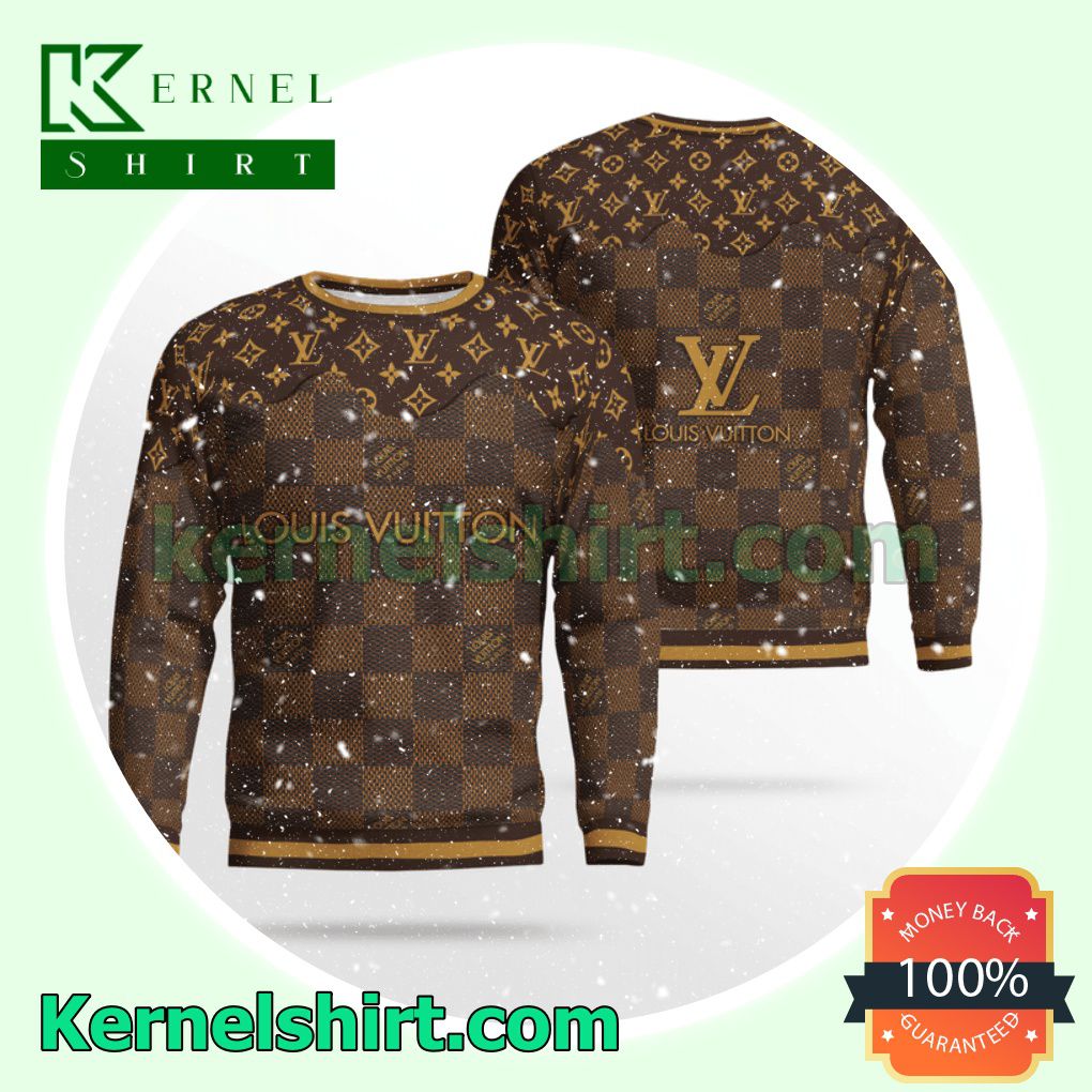 Louis Vuitton Dark Brown Monogram And Checkerboard Knitted Ugly Sweater Christmas