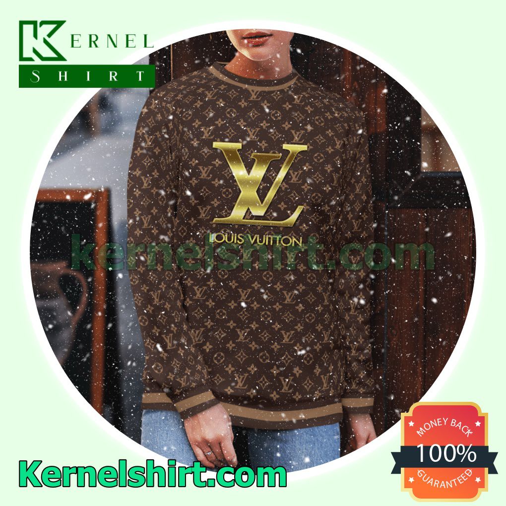 Louis Vuitton Dark Brown Monogram With Gold Logo Center Knitted Ugly Sweater Christmas a