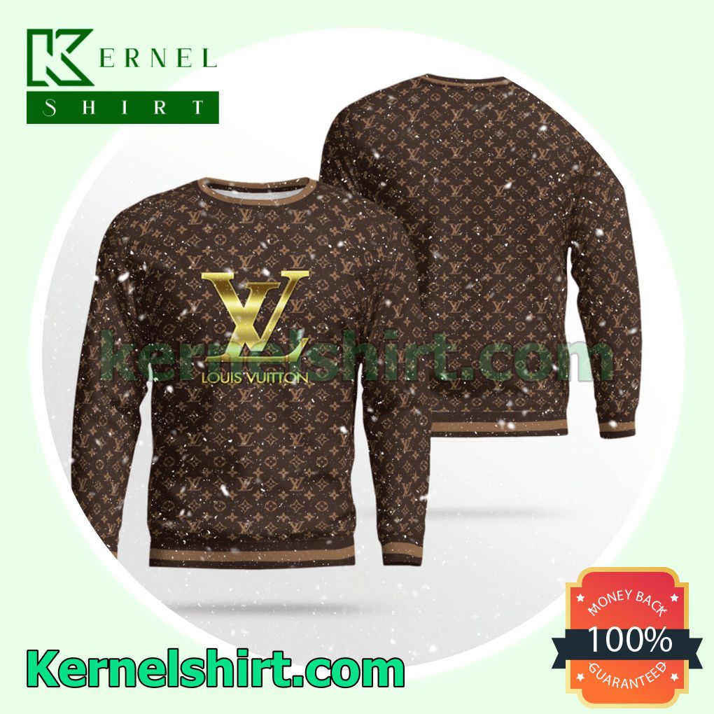 Louis Vuitton Dark Brown Monogram With Gold Logo Center Knitted Ugly Sweater Christmas c