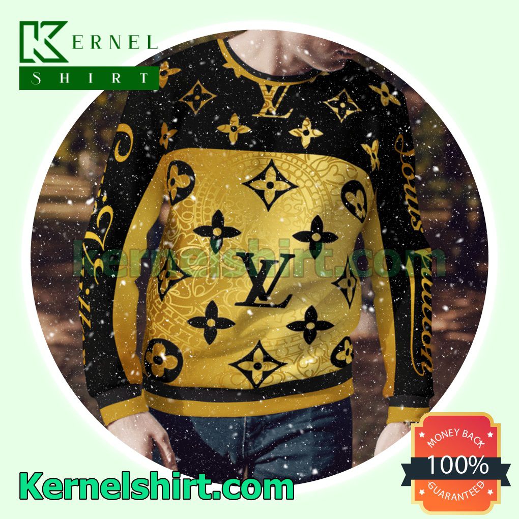 Louis Vuitton Gold And Black Knitted Ugly Sweater Christmas a