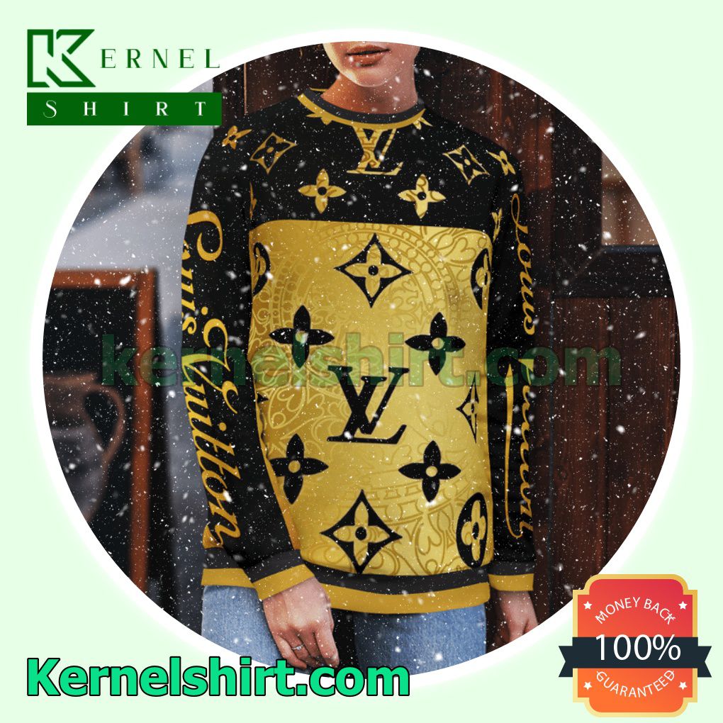 Louis Vuitton Gold And Black Knitted Ugly Sweater Christmas b