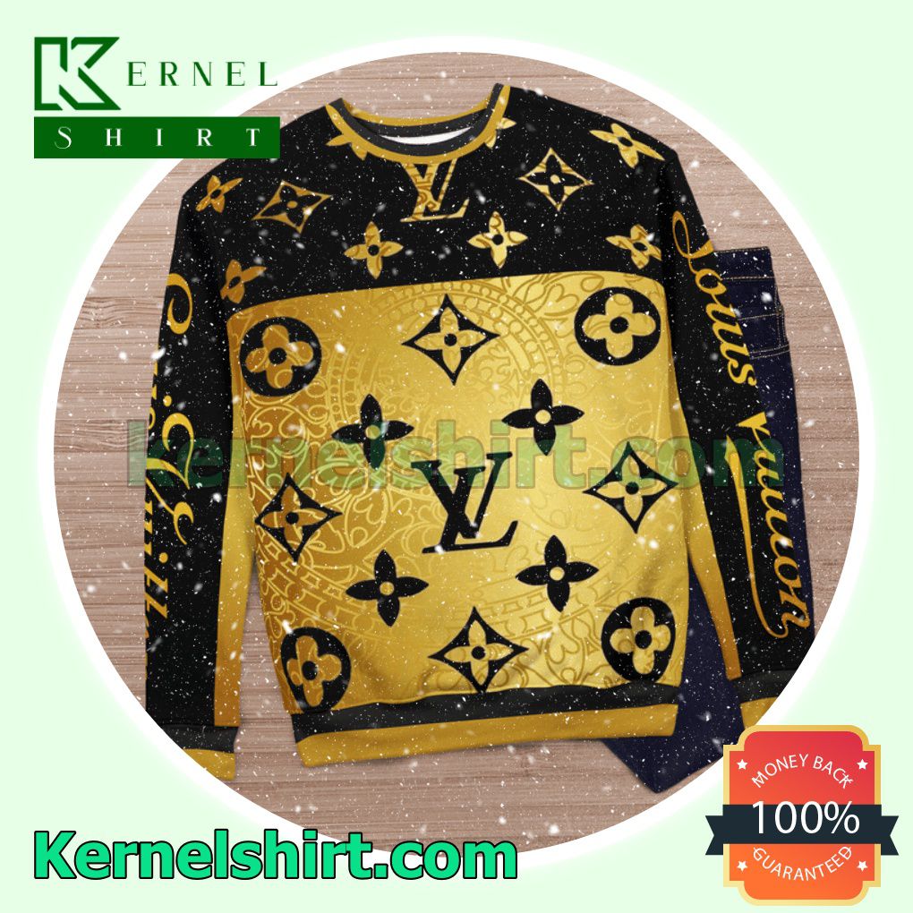 Louis Vuitton Gold And Black Knitted Ugly Sweater Christmas c