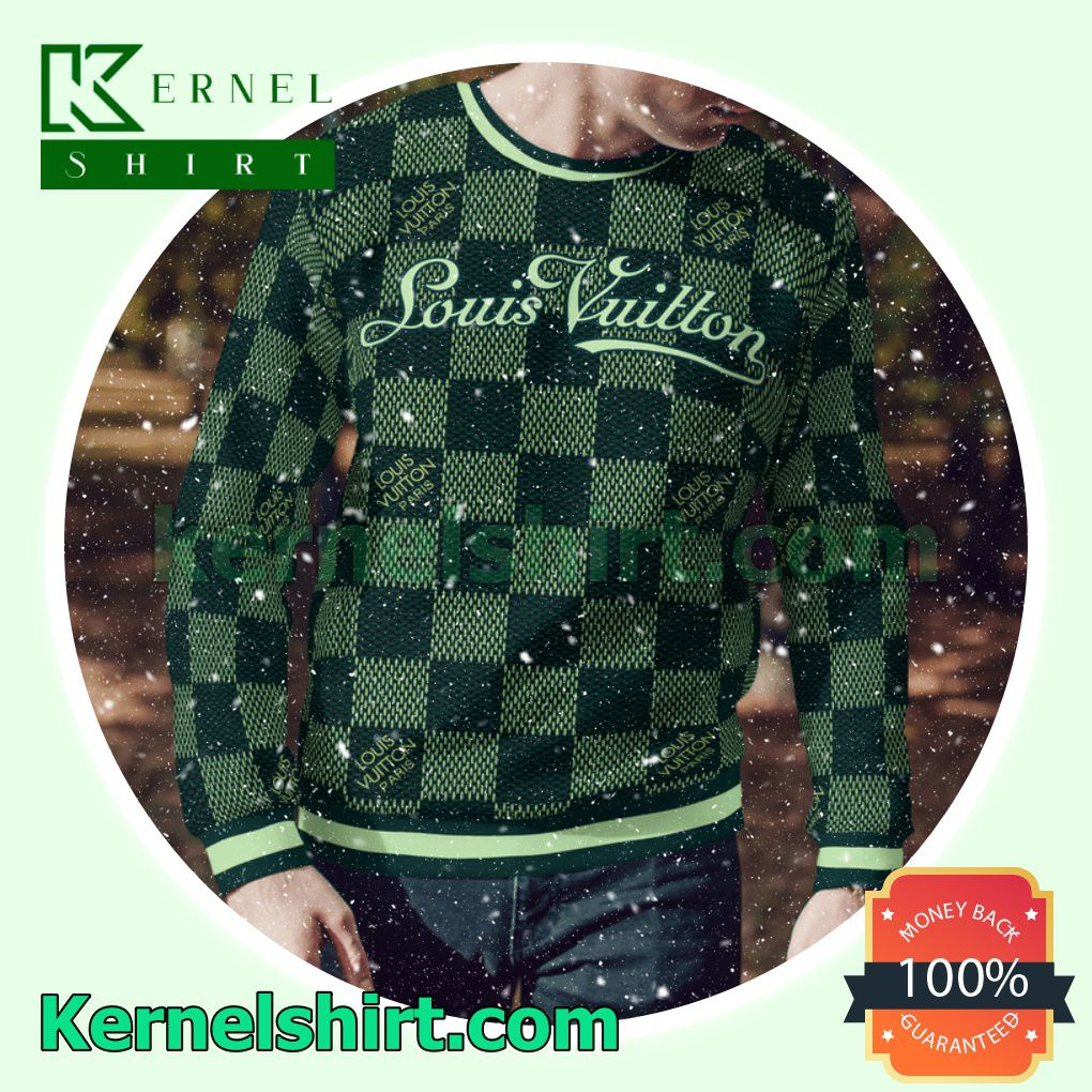Louis Vuitton Green Checkerboard Knitted Ugly Sweater Christmas a