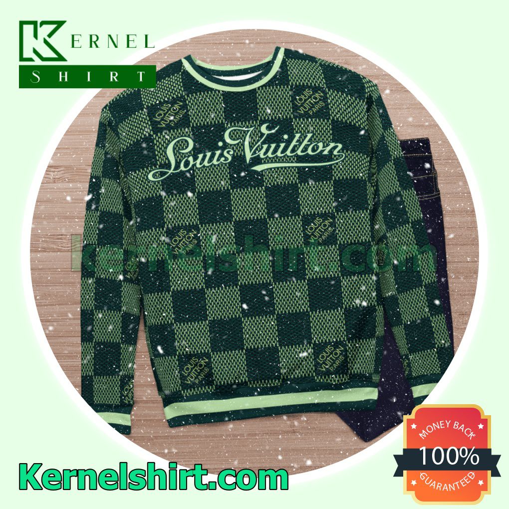 Louis Vuitton Green Checkerboard Knitted Ugly Sweater Christmas c