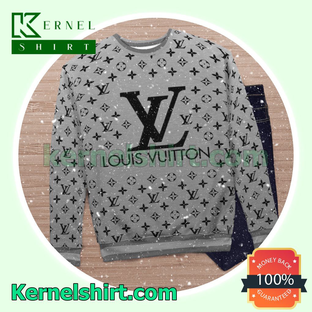 Louis Vuitton Monogram With Big Logo Center Grey Knitted Ugly Sweater Christmas c