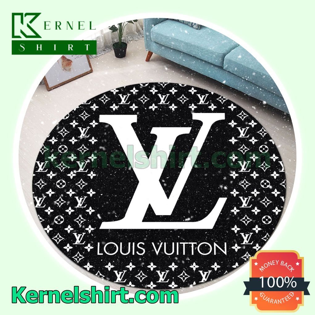 Louis Vuitton Monogram With White Big Logo Center Black Round Living Room Rug