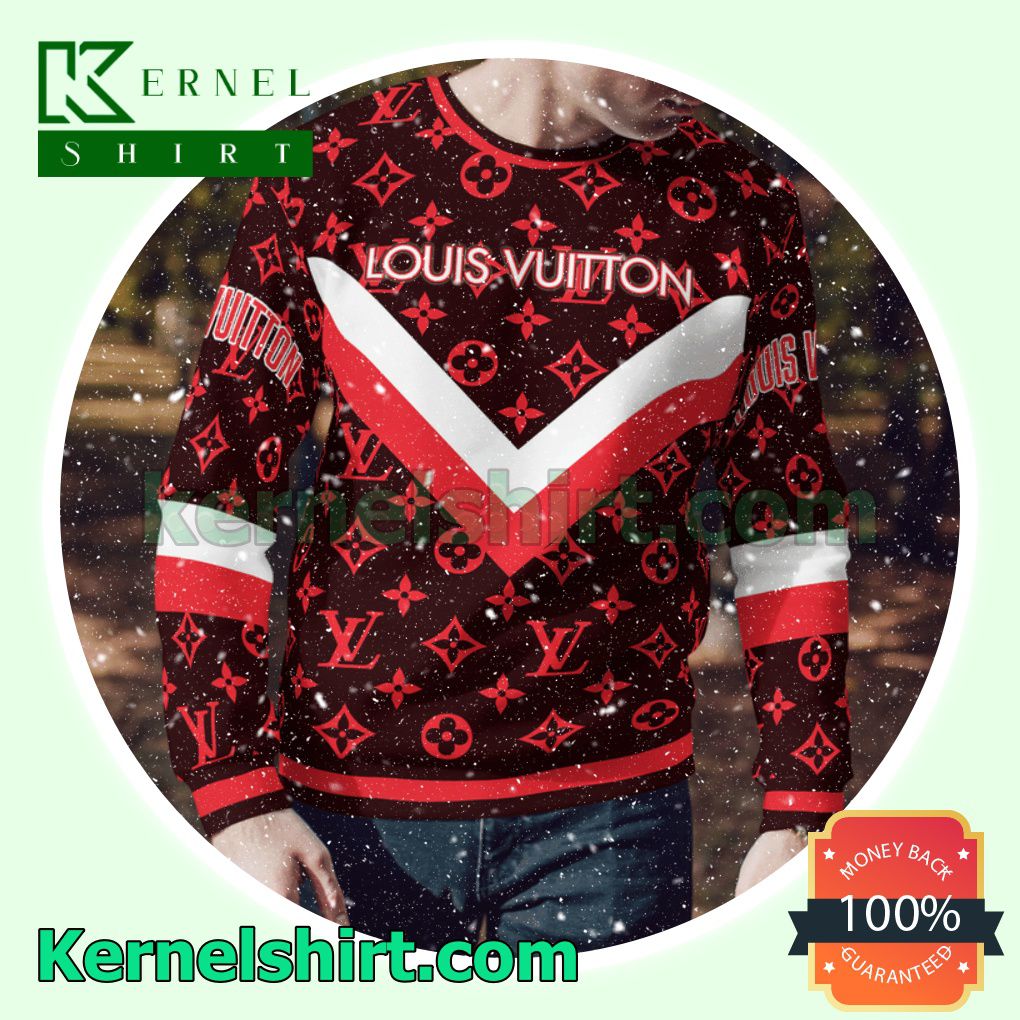 Louis Vuitton Red Logo Monogram With Big V Center Knitted Ugly Sweater Christmas a