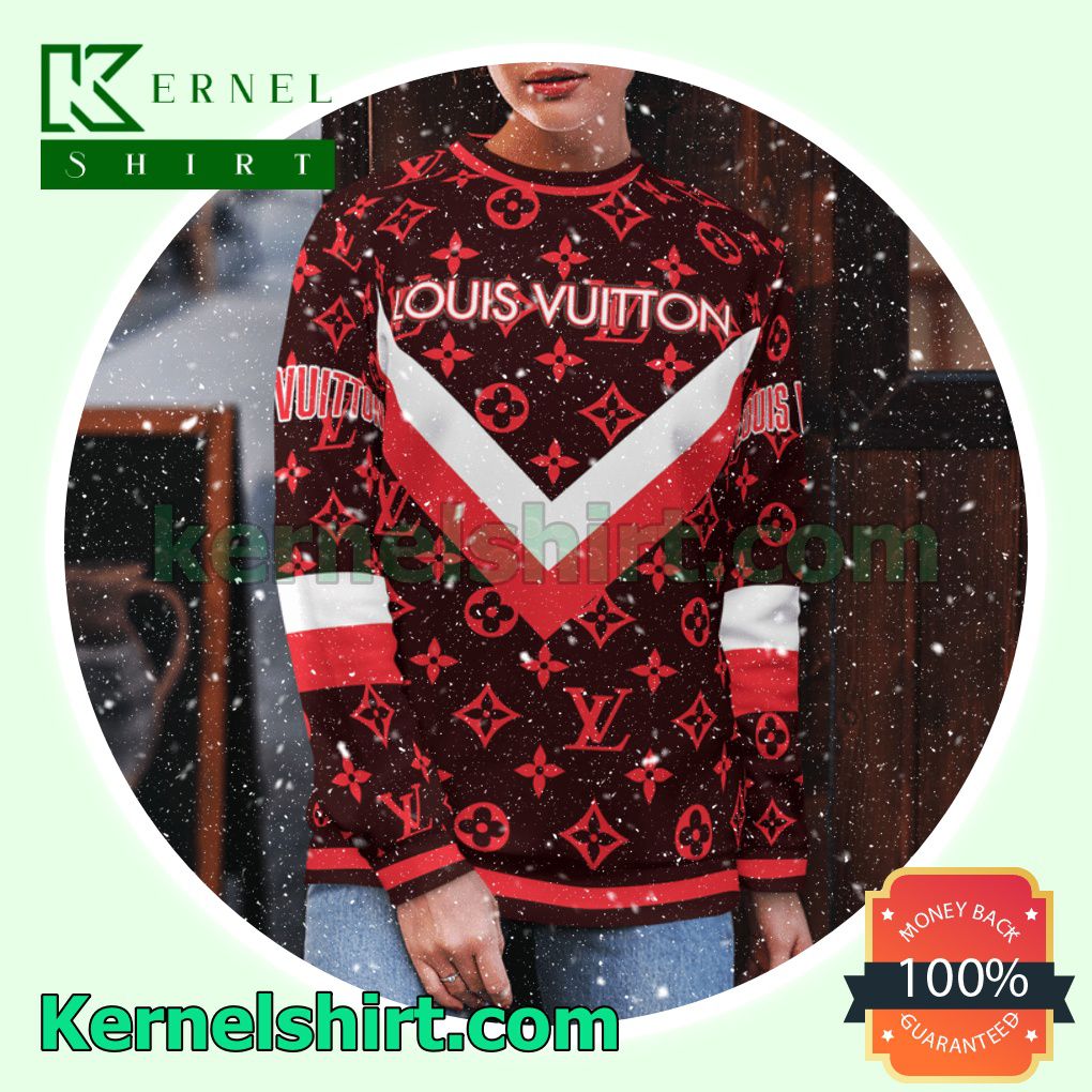 Louis Vuitton Red Logo Monogram With Big V Center Knitted Ugly Sweater Christmas b