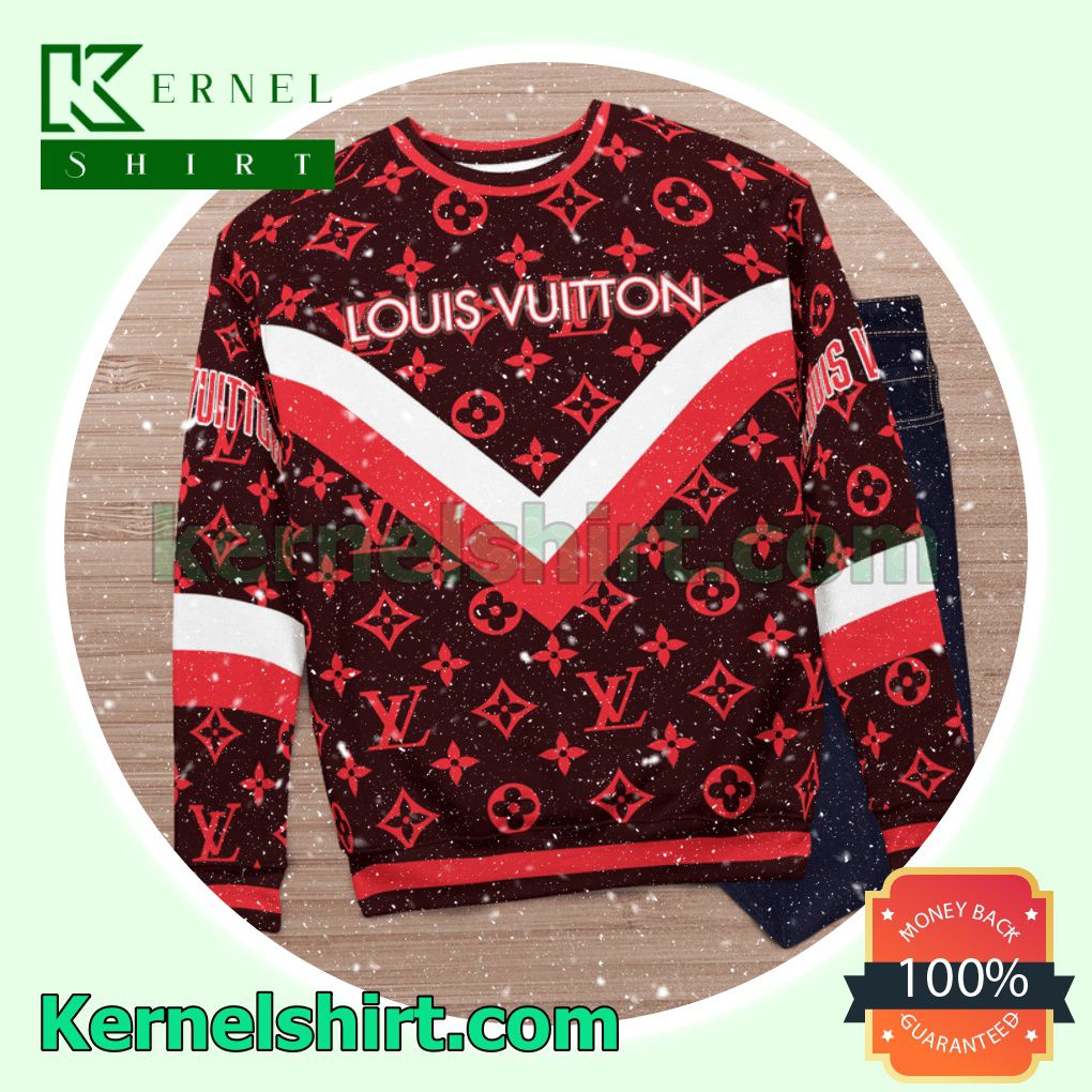 Louis Vuitton Red Logo Monogram With Big V Center Knitted Ugly Sweater Christmas c